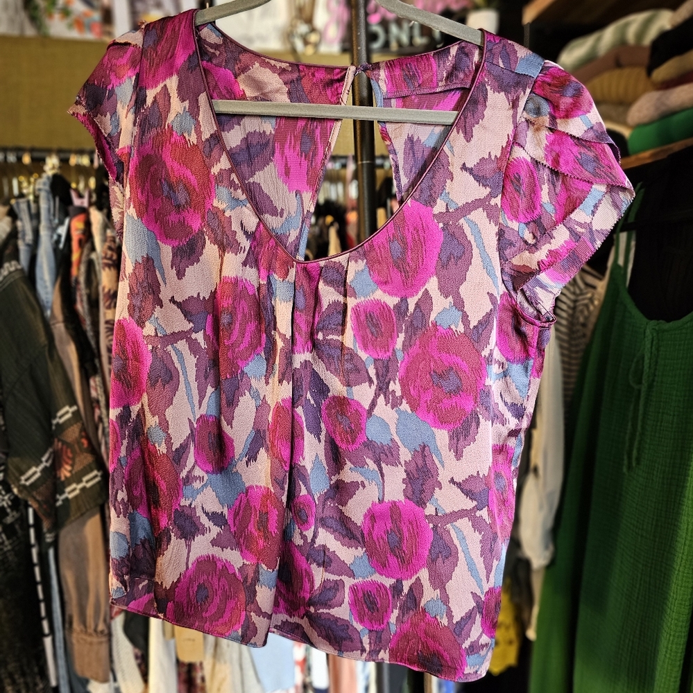 100% Silk Floral Pink and Purple Top